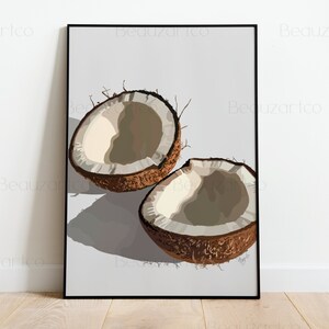 Peut inclure: Deux moitiés de noix de coco, l'une avec l'intérieur face vers le haut et l'autre avec l'intérieur face vers le bas, sur un fond gris clair.