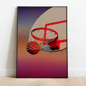 May include: A red basketball going through a basketball hoop with a white net. The background is a gradient of purple, orange, and pink.