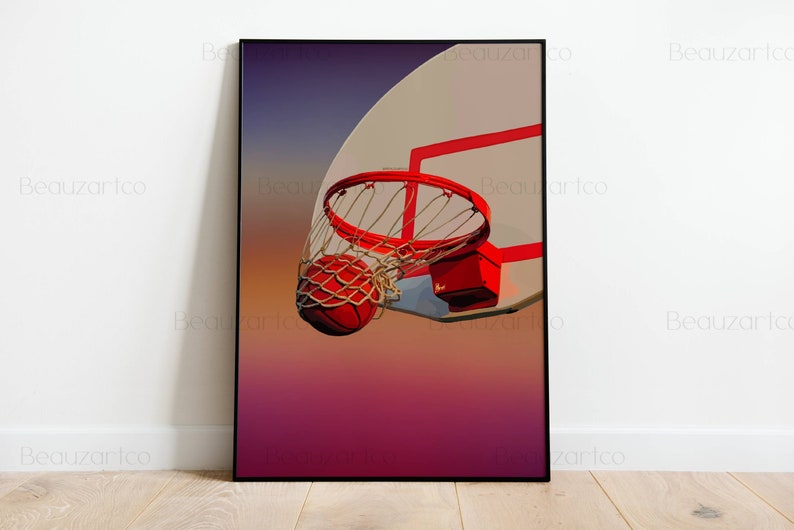 May include: A red basketball going through a basketball hoop with a white net. The background is a gradient of purple, orange, and pink.
