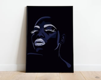 Svartvit konstposter, afroamerikansk väggkonst, svart ägd, svart konstnär, minimalistiskt porträtt, svartvit konst
