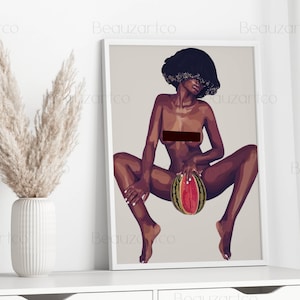 May include: A digital illustration of a woman with dark skin and short, dark hair sitting with her legs spread and holding a watermelon in front of her.