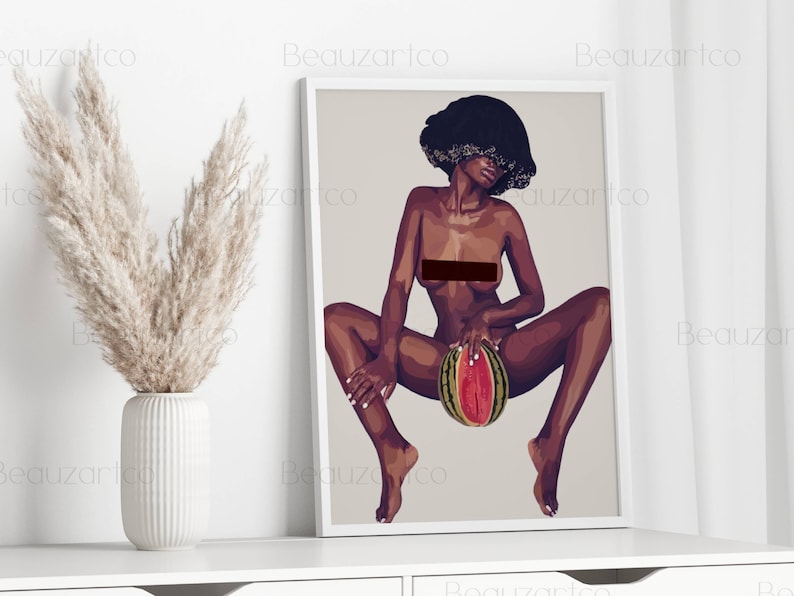 May include: A digital illustration of a woman with dark skin and short, dark hair sitting with her legs spread and holding a watermelon in front of her.