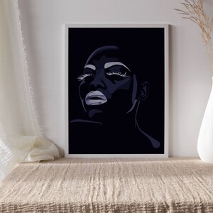 May include: A digital art print of a woman's face with white makeup on a black background.