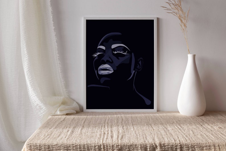 May include: A digital art print of a woman's face with white makeup on a black background.