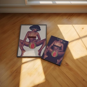 May include: Two framed prints of a woman with dark skin and curly hair, sitting with a watermelon in her lap. The woman in the left print is on a white background, while the woman in the right print is on a dark purple background.