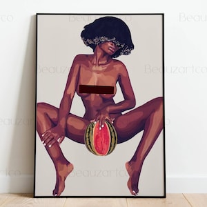 May include: A digital illustration of a person with dark skin and short black hair sitting with a watermelon in their lap. The person is nude and the background is a light gray.
