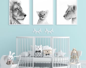 Beautiful Lion family, set of 3 prints, male lion, female lion, baby lion, wall art, drawing, downloadable print, family print, nursery
