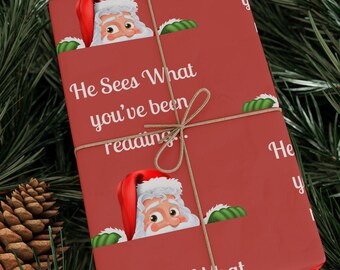 Book Lover Wrapping Paper, 'He Sees What You've Been Reading' Naughty Santa Gift Wrap, Funny Book Club Present