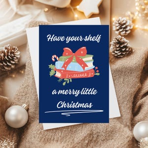 Tarjeta de felicitación navideña de libros, set de tarjetas navideñas de Merry Bookmas, regalo para amantes de los libros, papelería festiva para lectores, paquete de tarjetas de felicitación de invierno