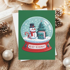 Merry Bookmas-wenskaarten set, leesgrage kerstkaarten, boekenliefhebber kerstcadeaus, feestelijk briefpapier, wintergroeten, sneeuwbolkaarten