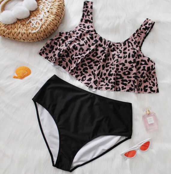 leopard ruffle hem high waisted bikini swimsuit