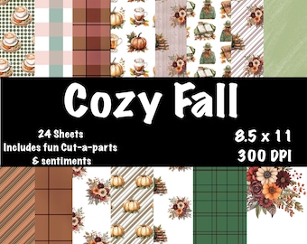 May include: A digital paper pack with 24 sheets of fall-themed designs. The designs include plaid patterns, pumpkins, coffee cups, floral arrangements, and books. The text "Cozy Fall" is at the top of the image. The text "24 Sheets" is below the title. The text "Includes fun Cut-a-parts & sentiments" is below the sheet count. The text "8.5 x 11" is in the top right corner of the image. The text "300 DPI" is below the size.