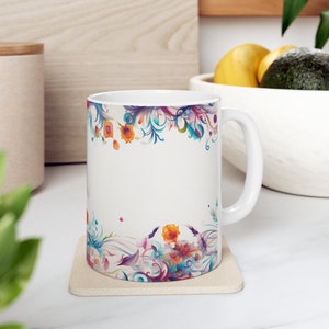Astral Flowers Ceramic Mug: Vivid Floral Pattern, 11oz