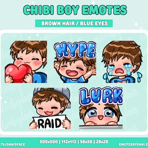 5 PACK | Chibi Boy Emotes | Twitch Emotes | Brown Hair & Blue Eyes | Version 1