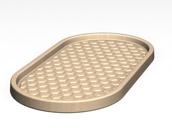 May include: A light brown oval-shaped tray with a raised hexagonal pattern on the bottom.