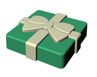 May include: A green gift box with a white bow. The box is wrapped in a white ribbon.