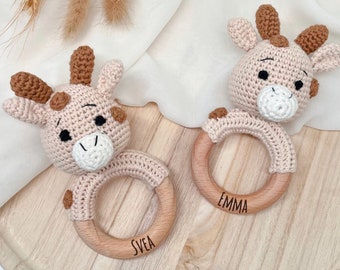 Giraffe Häkelrassel, Rassel Greifling personalisiert, Geschenk Geburt Baby, Rassel gehäkelt, Zootiere Rassel Giraffe, Babygeschenk