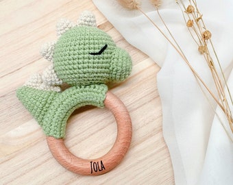 Dinosaur crochet rattle personalized, birth gift, personalized gift, dino grasping toy, crocheted rattle, baby gift