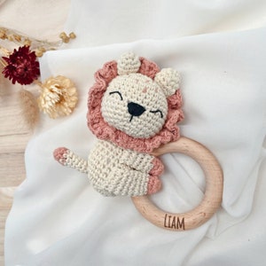 Lion gift set Baby gift with personalized crochet rattle, pacifier chain, birth gift image 2