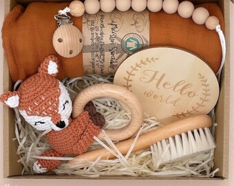 Geschenkset Fuchs | Babygeschenk mit personalisierter Rassel, Schnullerkette, Geschenkset Geburt