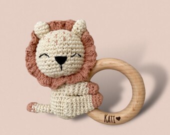 Crochet rattle lion, baby rattle personalized, gift birth, personalized gift baby, grasping toy