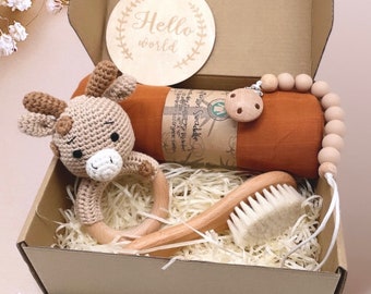 Geschenkset Giraffe | Babygeschenk mit personalisierter Häkelrasserassel, Schnullerkette, Haarbürste Hallo Welt Holzschild Meilenstein