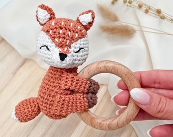 Personalized baby rattle, birth gift, fox crochet rattle