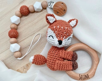 Pacifier chain, baby rattle fox, gift for birth