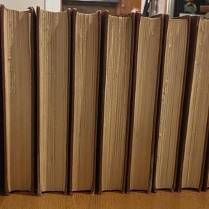 May include: A row of hardcover books with brown covers and cream-coloured pages. The spines are a darker brown. The books are arranged together, suggesting a collection or library of literature.