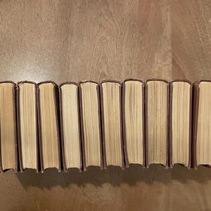 May include: A collection of hardcover books with brown spines and cream-coloured pages. The books are arranged in a row, with their spines facing upwards. The books are on a wooden surface, creating a neat and organised display.