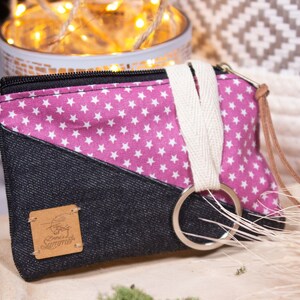 Schlüsseltasche rosa Sterne Jeans, Schlüsseltäschchen Minigeldbörse Minigeldbeutel Minibörse Minitasche Schlüsselbörse Schlüsseletui
