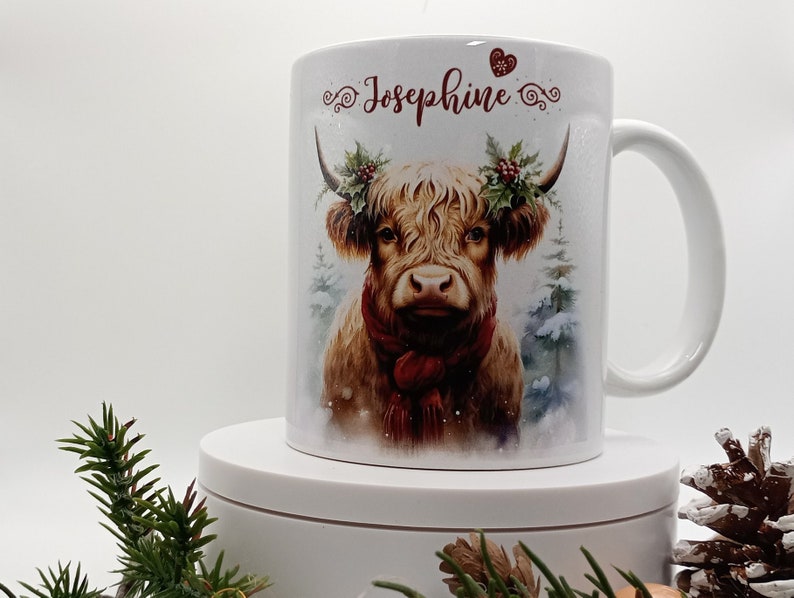 Tasse personalisiert Highland Kuh im Winter, Keramik 330ml Bild 2