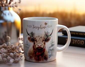 Mug personalized Highland cow in winter, ceramic 330ml