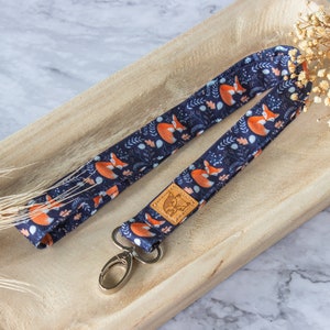 Schlüsselband Fuchs Blätter blau Kinder, Lanyard