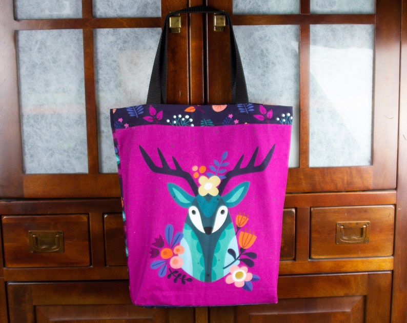 Bag deer/birds purple/blue totebag cotton shopping bag shopping bag children's bag children's bag kindergarten fabric bag image 1