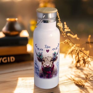 Thermosflasche personalisiert Highland Kuh im Winter, 500ml