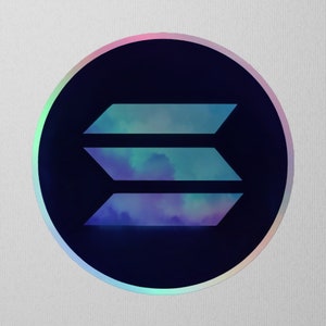 May include: A round sticker with a holographic finish. The sticker features a dark blue background with a three-layered, abstract design in shades of blue, purple, and green.