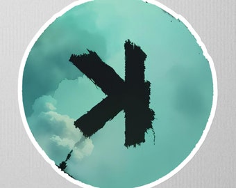May include: A teal blue circle with a white border and a black stylized letter K in the center.