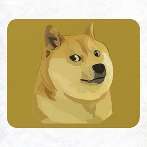 May include: A digital illustration of a Shiba Inu dog with a light brown and tan coat. The dog has a surprised expression with its mouth slightly open and its eyes wide. The background is a solid yellow color.