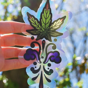 sweet leaf rainbow sun catcher sticker, pot leaf prismatic window cling
