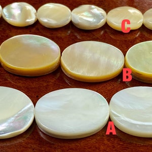 Mother-of-pearl, Flat oval shape, Four sizes: (A).13x18mm, (B). 12x16mm, (C).8x10mm. (D). 10x18mm. 1mm hole. Sold per Lot.