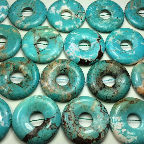 Tibetan Turquoise Donuts, 30mm or 35mm donuts, central hole 10mm, thickness 6mm, full drilled side hole 1.5mm, sold per donut or lots.