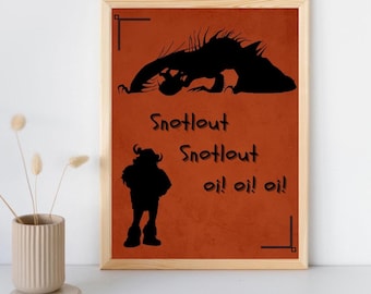 Op de afbeelding: Ingelijste kunstdruk met een zwart draak silhouet en een personage, met de tekst "Snotlout" in het wit op een oranje achtergrond. De print zit in een licht houten frame.