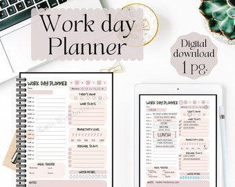 Puede incluir: Un planificador digital imprimible para un día de trabajo. El planificador tiene secciones para la hora, las tareas, el nivel de productividad, las tareas personales, el seguimiento de las comidas, la ingesta de agua y las notas. El planificador está en un esquema de color rosa claro y blanco.