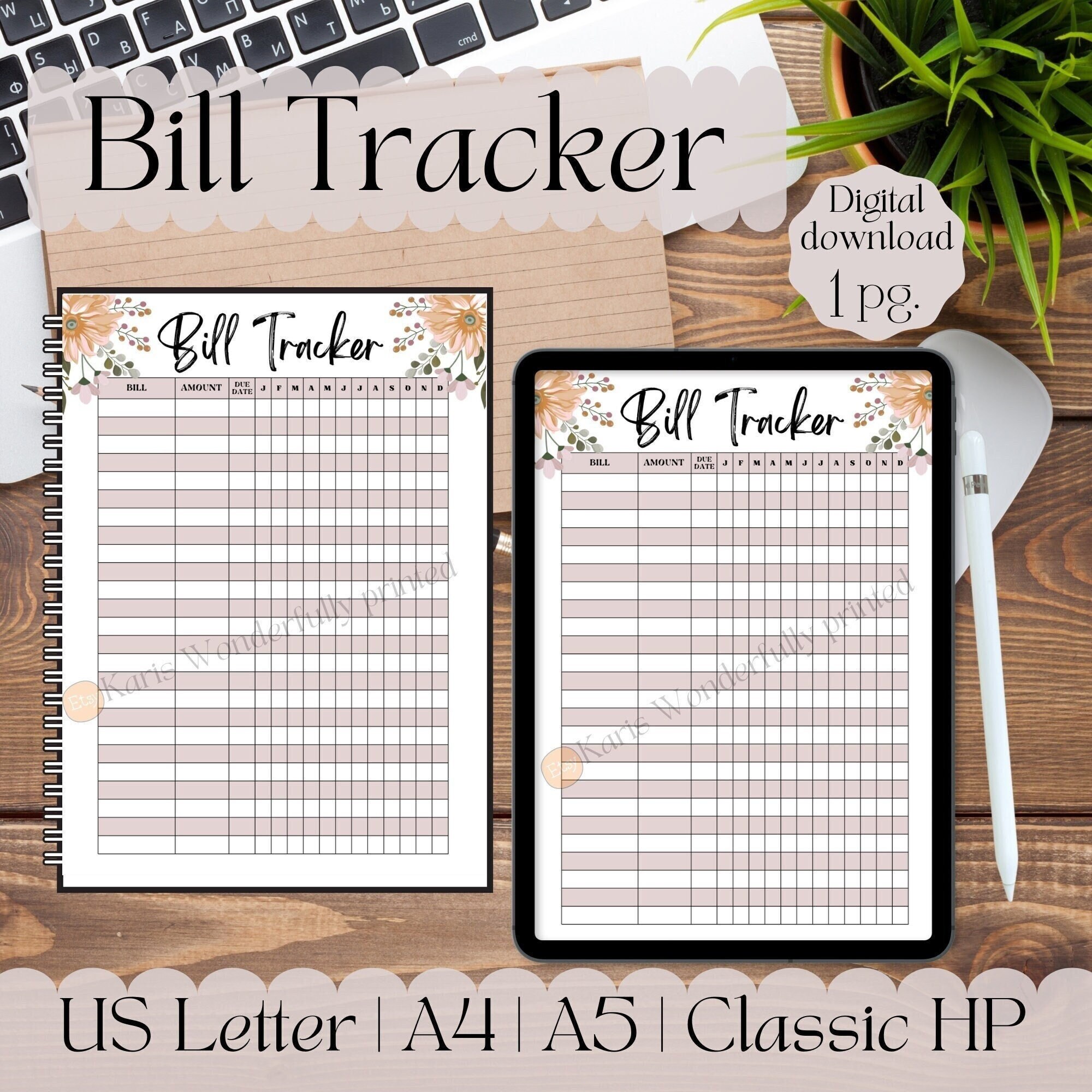 Bill Tracker Printable | A4, A5, Classic Happy Planner | Monthly Bill ...