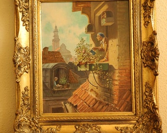 Die Dachstube, copy after picture by Carl Spitzweg, painted by Munich artist Michael Hübner in 1972