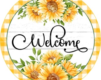 Welcome Sign - Sunflower Sign - Shiplap Sign - Gingham - Summer Sign - Metal Sign