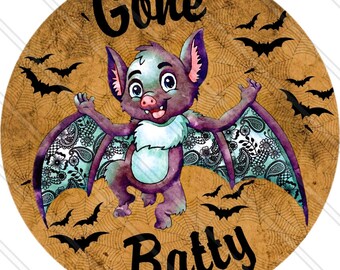 Gone Batty Sign - Cute Bat - Bats And Webs - Spider Webs - Purple And Black - Halloween Sign - Metal Sign