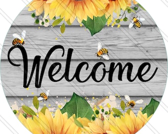 Welcome Sign - Sunflower Sign - Shiplap Sign - Bumble Bees - Summer Sign - Metal Sign