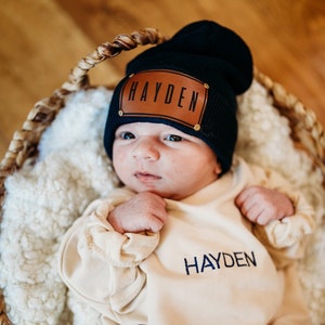 Personalized baby beanie with name, newborn name beanie, infant newborn gift, baby hat, leather patch beanie for baby, baby shower gift